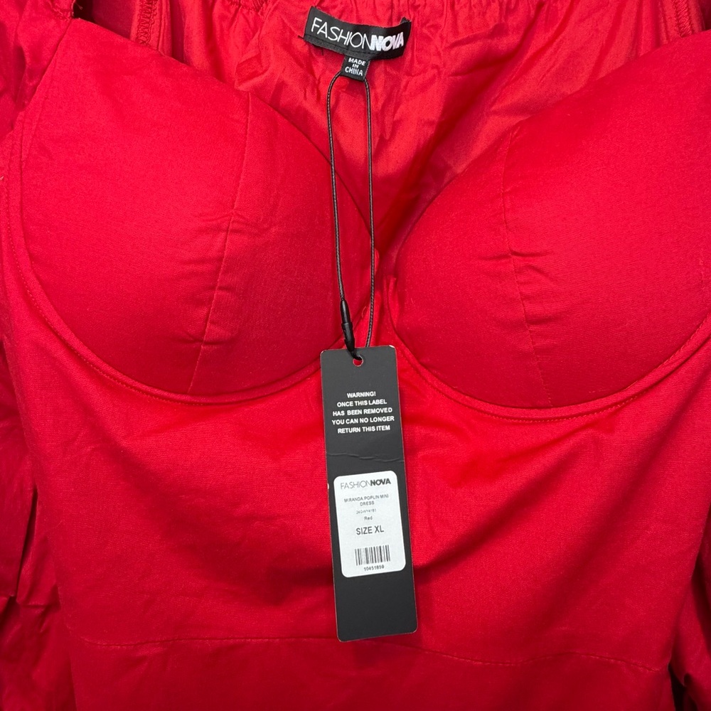 Fashion Nova Miranda Poplin Mini Dress Red Puff Sleeve Bustier XL NWT - Picture 2 of 10